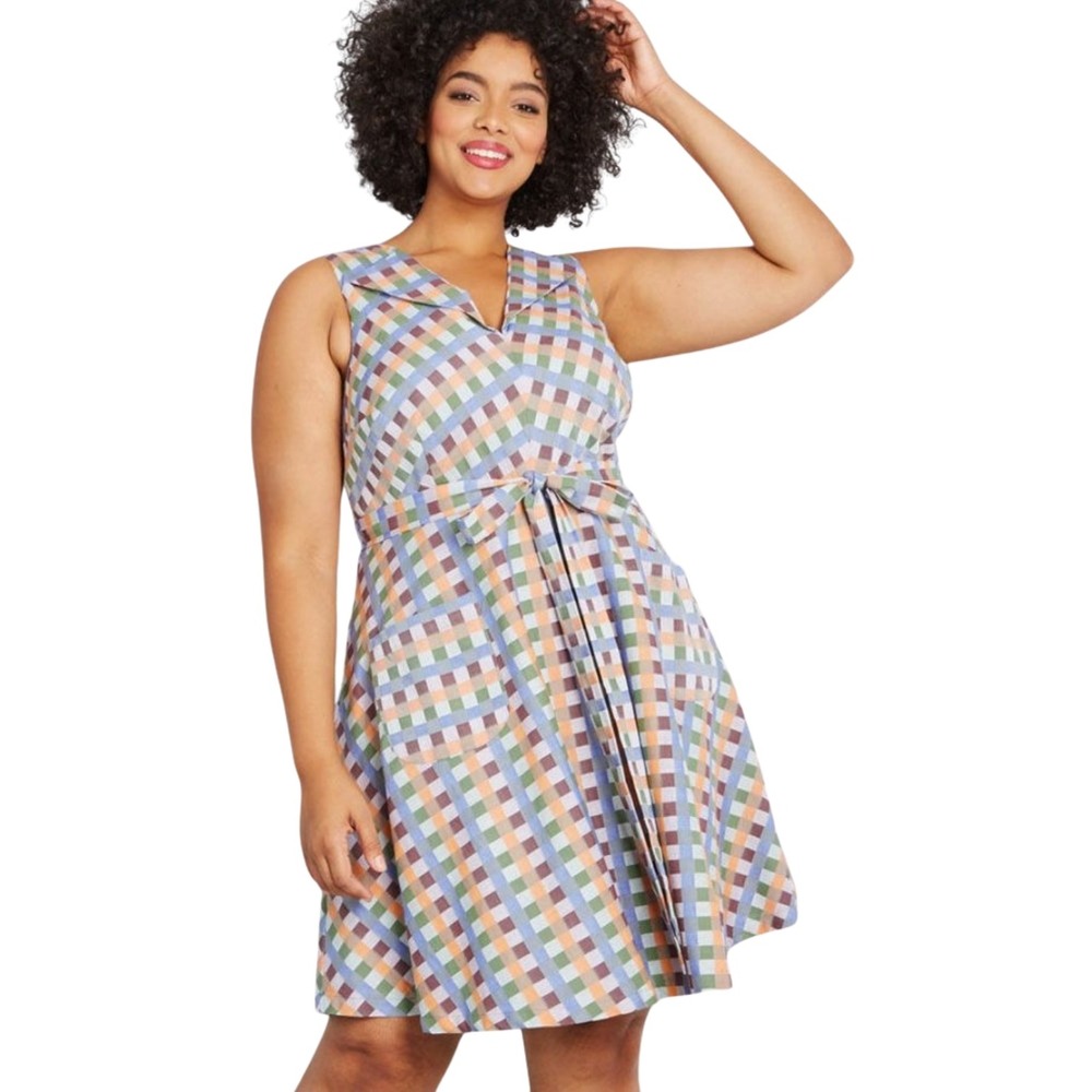 ModCloth Dress Womens‎ 2X Looking Back Gingham Cotton Fit and Flare Pockets Mini